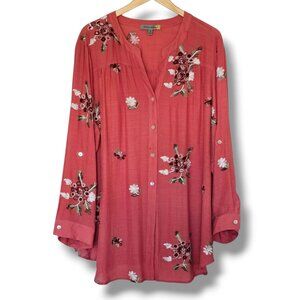 Figueroa & Flower Button Front Top Size 3X Coral‎ Embroidered Floral Long Sleeve